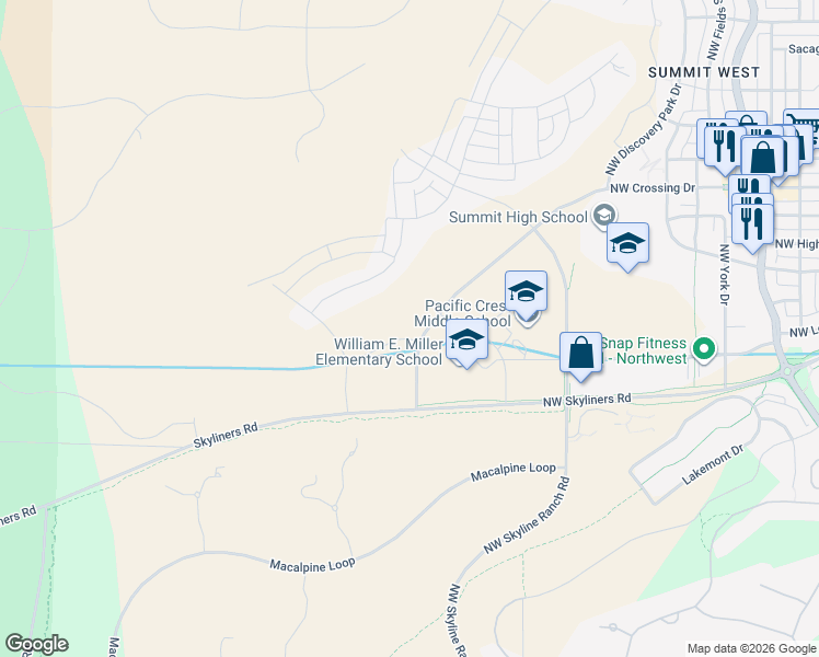 map of restaurants, bars, coffee shops, grocery stores, and more near Northwest Crosby Drive in Bend