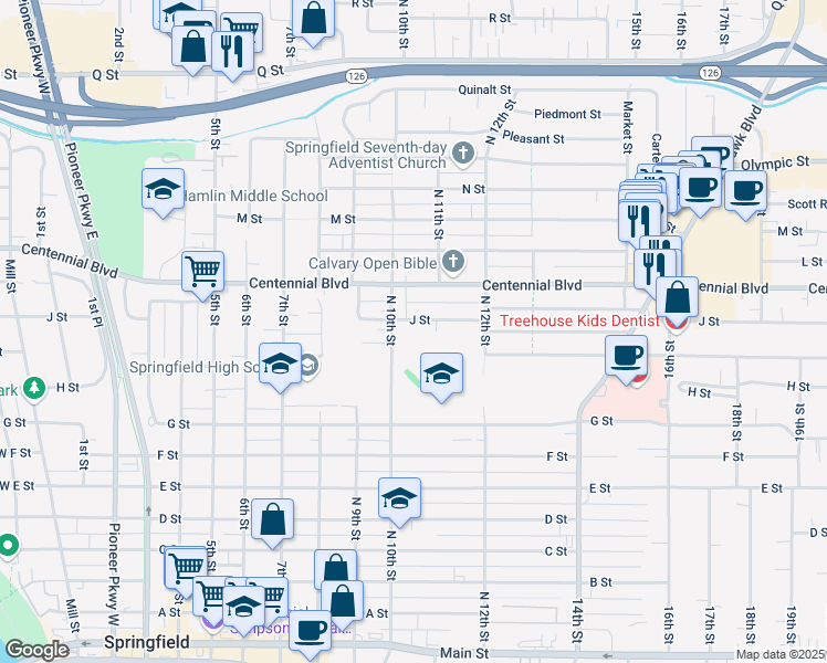 map of restaurants, bars, coffee shops, grocery stores, and more near 1029 J Street in Springfield
