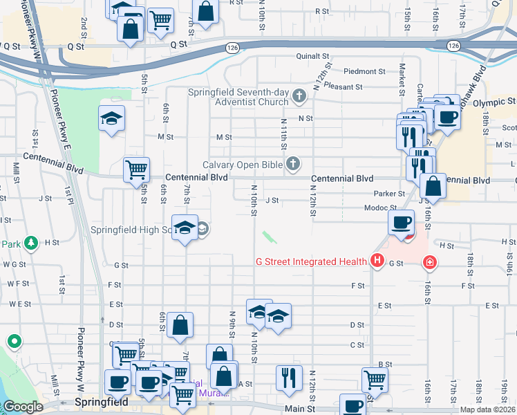 map of restaurants, bars, coffee shops, grocery stores, and more near 1029 J Street in Springfield