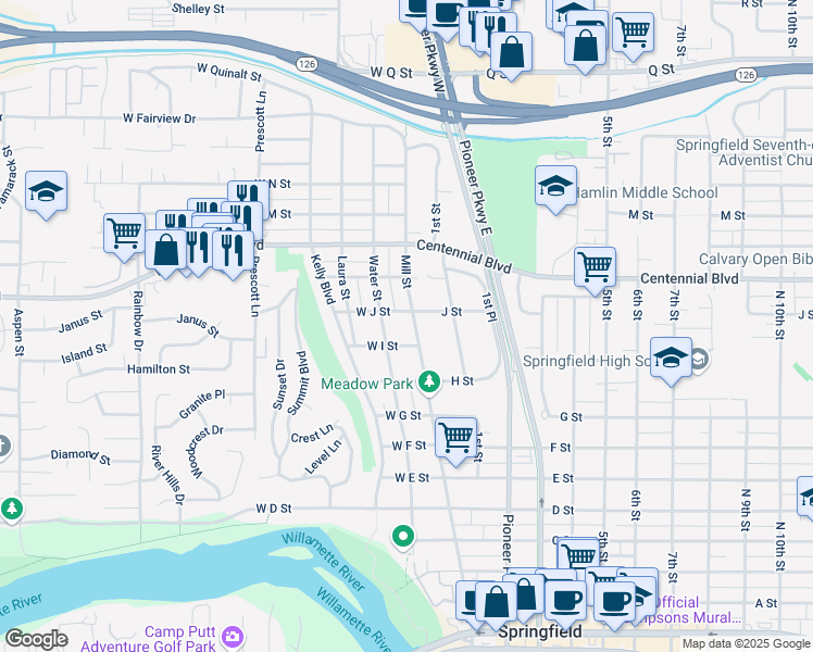 map of restaurants, bars, coffee shops, grocery stores, and more near 1034 Mill Street in Springfield