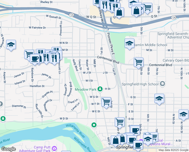 map of restaurants, bars, coffee shops, grocery stores, and more near 1034 Mill Street in Springfield