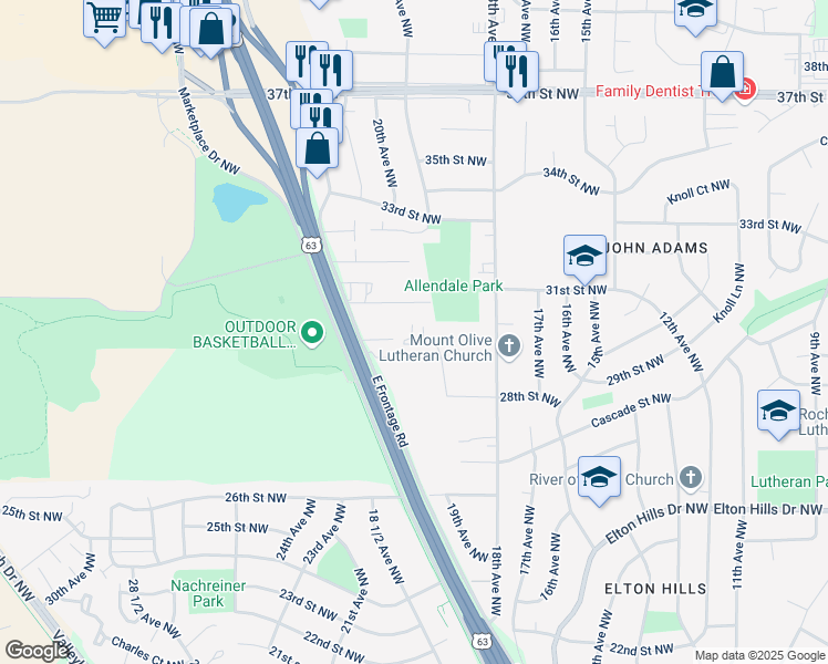 map of restaurants, bars, coffee shops, grocery stores, and more near 1976 29th Place Northwest in Rochester