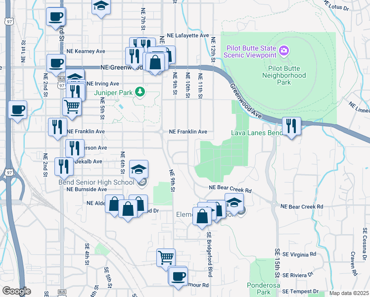 map of restaurants, bars, coffee shops, grocery stores, and more near 405 Northeast 10th Street in Bend