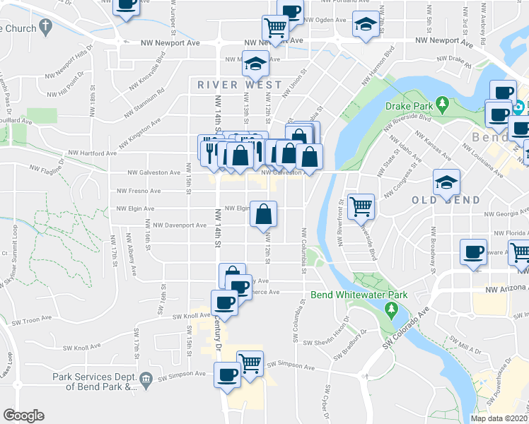 map of restaurants, bars, coffee shops, grocery stores, and more near 1205 Northwest Elgin Avenue in Bend