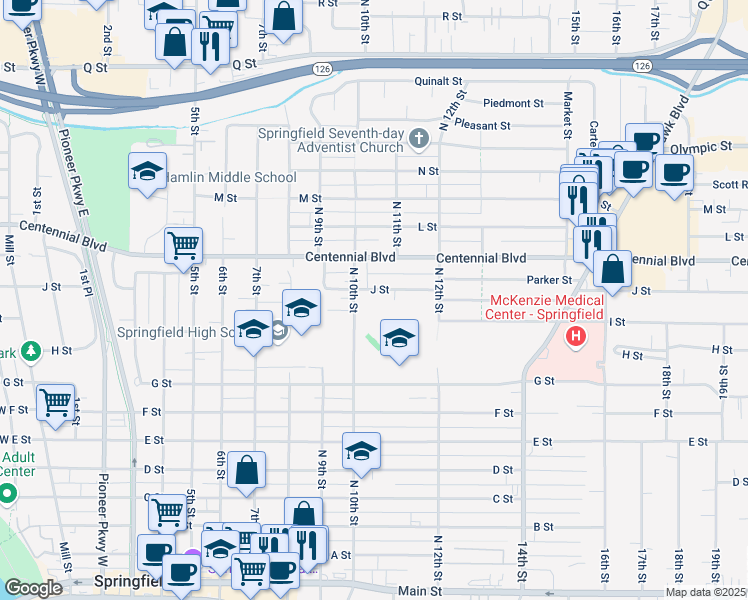 map of restaurants, bars, coffee shops, grocery stores, and more near 1029 J Street in Springfield