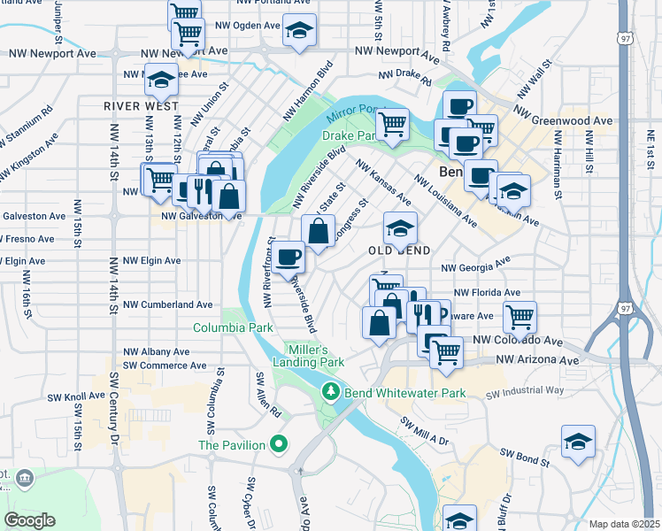 map of restaurants, bars, coffee shops, grocery stores, and more near 107 Northwest Saint Helens Place in Bend