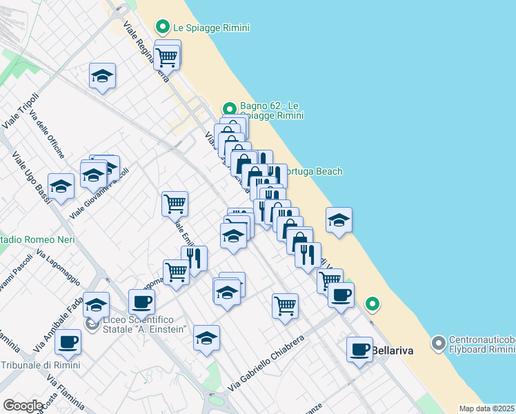 map of restaurants, bars, coffee shops, grocery stores, and more near 127 Viale Regina Elena in Rimini