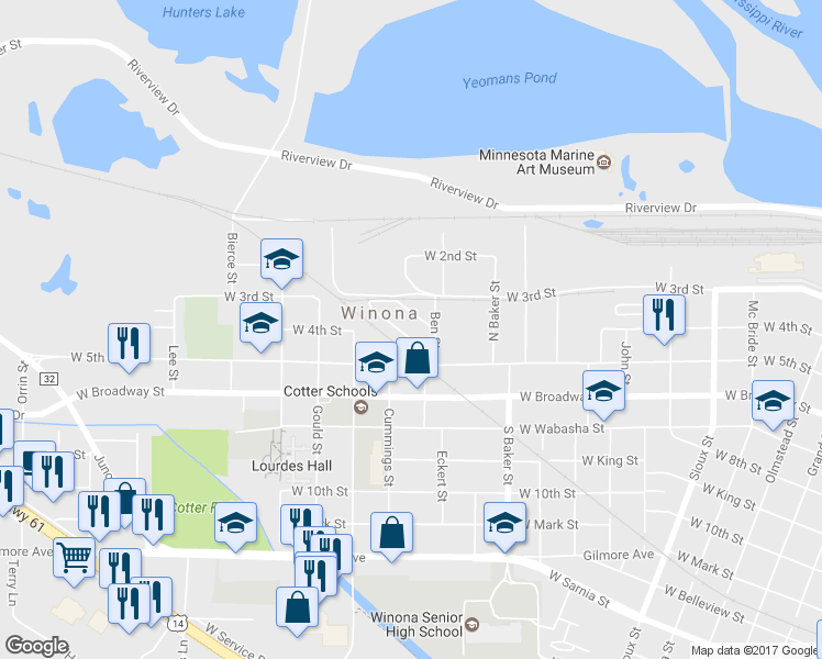 map of restaurants, bars, coffee shops, grocery stores, and more near 1094 Marian Street in Winona