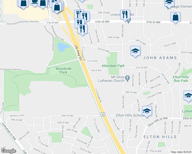 map of restaurants, bars, coffee shops, grocery stores, and more near 3004 U.S. 52 in Rochester