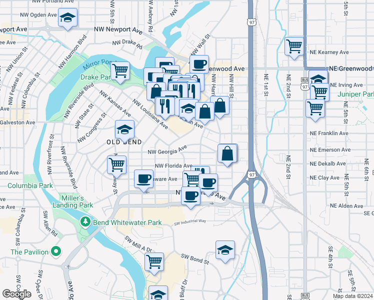 map of restaurants, bars, coffee shops, grocery stores, and more near 350 Northwest Hunter Place in Bend
