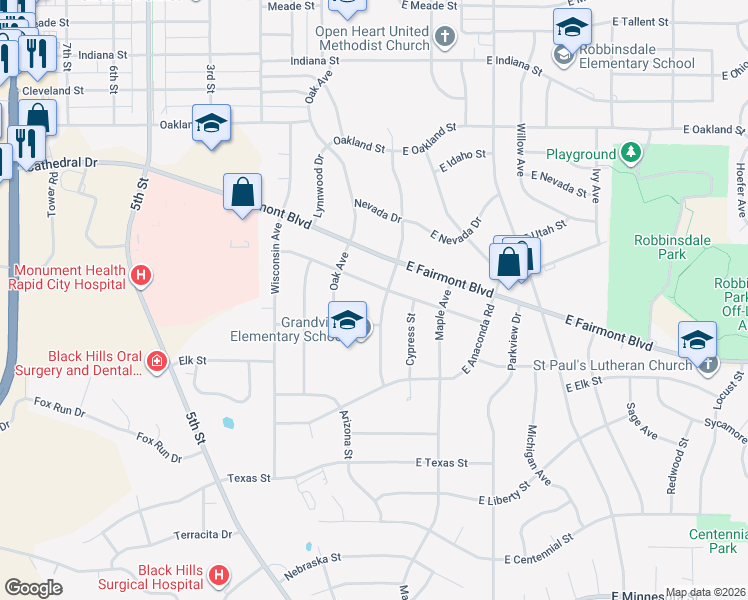 map of restaurants, bars, coffee shops, grocery stores, and more near 3107 Grandview Drive in Rapid City