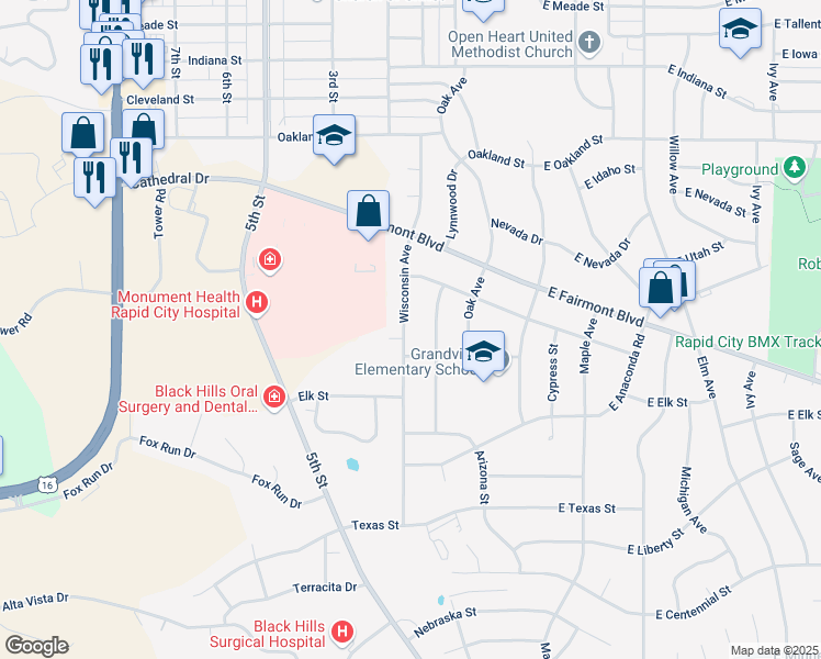 map of restaurants, bars, coffee shops, grocery stores, and more near 3108 Wisconsin Avenue in Rapid City