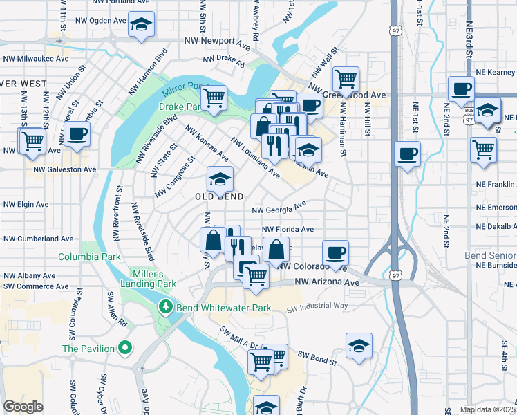 map of restaurants, bars, coffee shops, grocery stores, and more near 407 Northwest Staats Street in Bend
