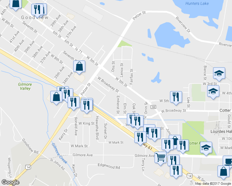 map of restaurants, bars, coffee shops, grocery stores, and more near 1715 West Broadway Street in Winona