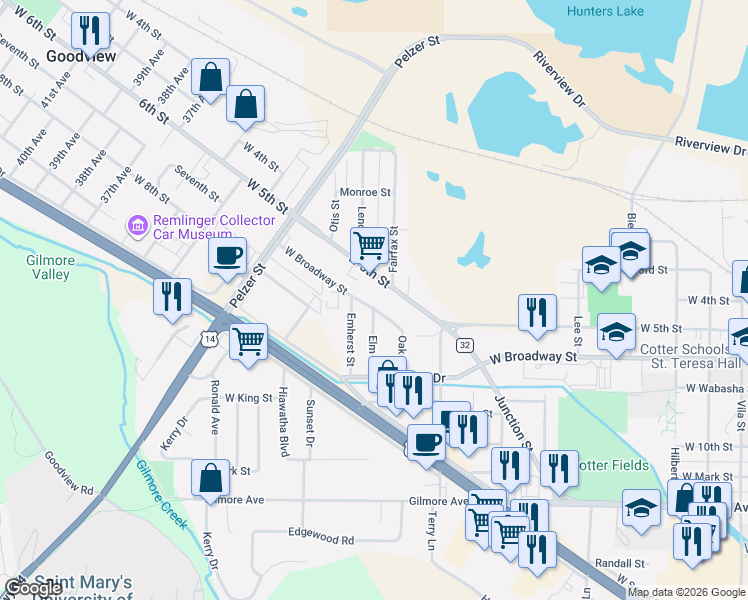 map of restaurants, bars, coffee shops, grocery stores, and more near 1674 West Broadway Street in Winona