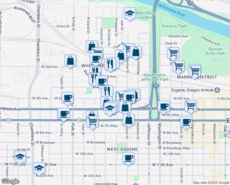 map of restaurants, bars, coffee shops, grocery stores, and more near 442 Adams Street in Eugene