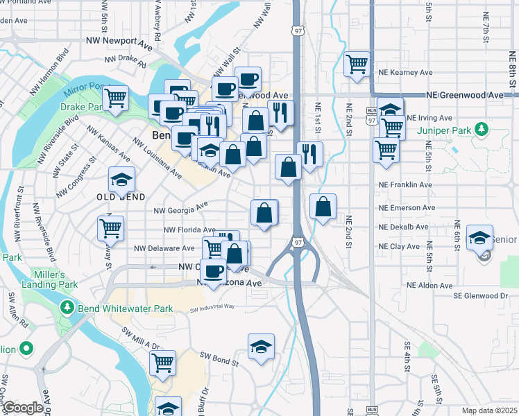 map of restaurants, bars, coffee shops, grocery stores, and more near 414 Northwest Harriman Street in Bend