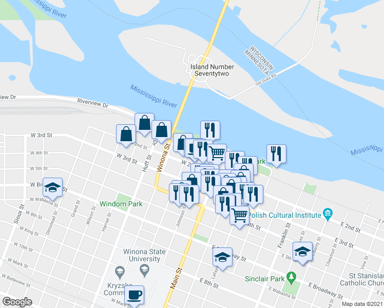 map of restaurants, bars, coffee shops, grocery stores, and more near 10 Washington Street in Winona