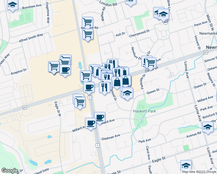 map of restaurants, bars, coffee shops, grocery stores, and more near 16 Wilstead Drive in Newmarket