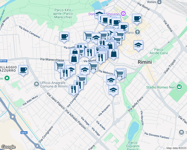 map of restaurants, bars, coffee shops, grocery stores, and more near 12 Via Covignano in Rimini