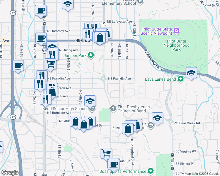 map of restaurants, bars, coffee shops, grocery stores, and more near 438 Northeast 9th Street in Bend