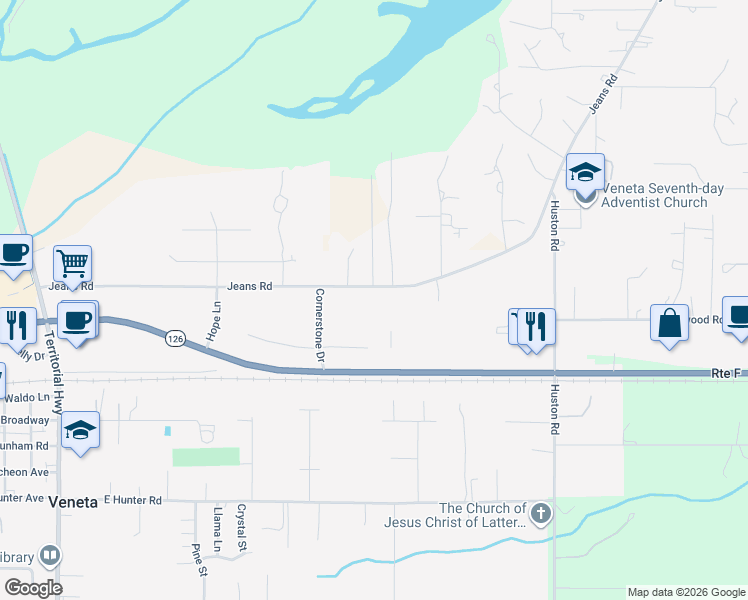 map of restaurants, bars, coffee shops, grocery stores, and more near 25448 Jeans Road in Veneta
