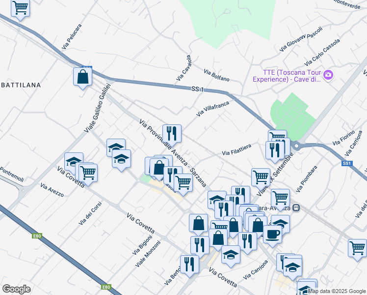 map of restaurants, bars, coffee shops, grocery stores, and more near 48 Via Provinciale Avenza Sarzana in Carrara