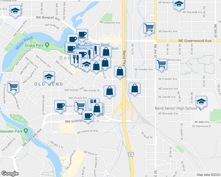 map of restaurants, bars, coffee shops, grocery stores, and more near 415 Northwest Hill Street in Bend