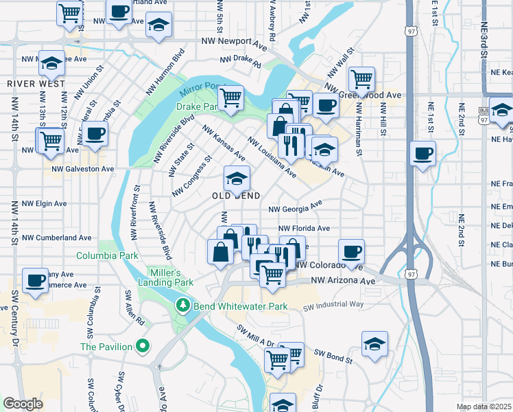 map of restaurants, bars, coffee shops, grocery stores, and more near 720 Northwest Georgia Avenue in Bend