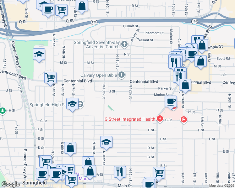 map of restaurants, bars, coffee shops, grocery stores, and more near 1101 J Street in Springfield