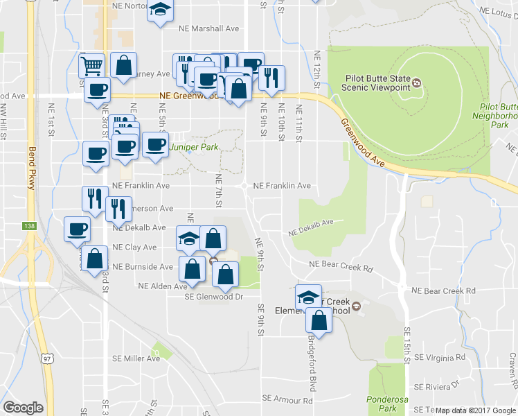 map of restaurants, bars, coffee shops, grocery stores, and more near 438 Northeast 9th Street in Bend