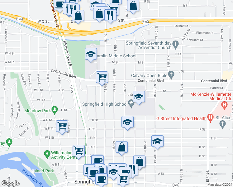 map of restaurants, bars, coffee shops, grocery stores, and more near 1105 6th Street in Springfield