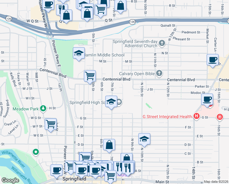 map of restaurants, bars, coffee shops, grocery stores, and more near 704 J Street in Springfield