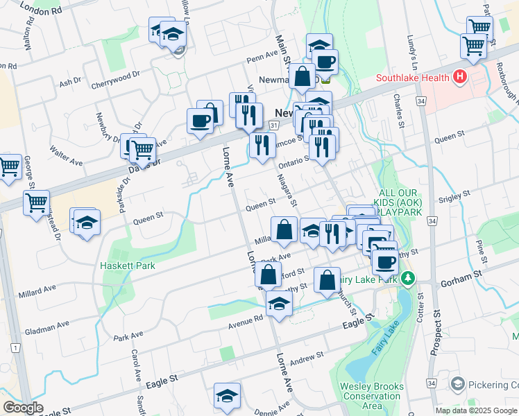 map of restaurants, bars, coffee shops, grocery stores, and more near 99 Arden Avenue in Newmarket