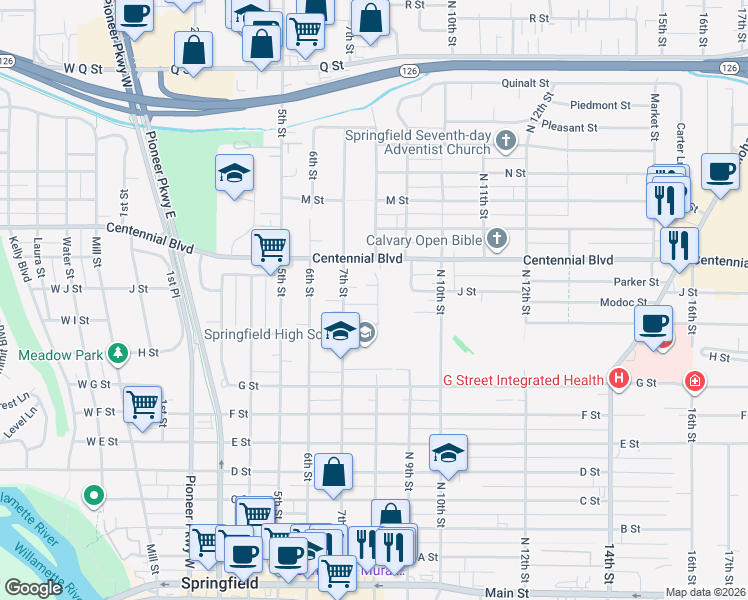 map of restaurants, bars, coffee shops, grocery stores, and more near 790 J Street in Springfield