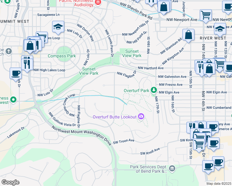 map of restaurants, bars, coffee shops, grocery stores, and more near 240 Northwest Skyliner Summit Loop in Bend