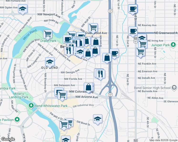map of restaurants, bars, coffee shops, grocery stores, and more near 237 Northwest Georgia Avenue in Bend