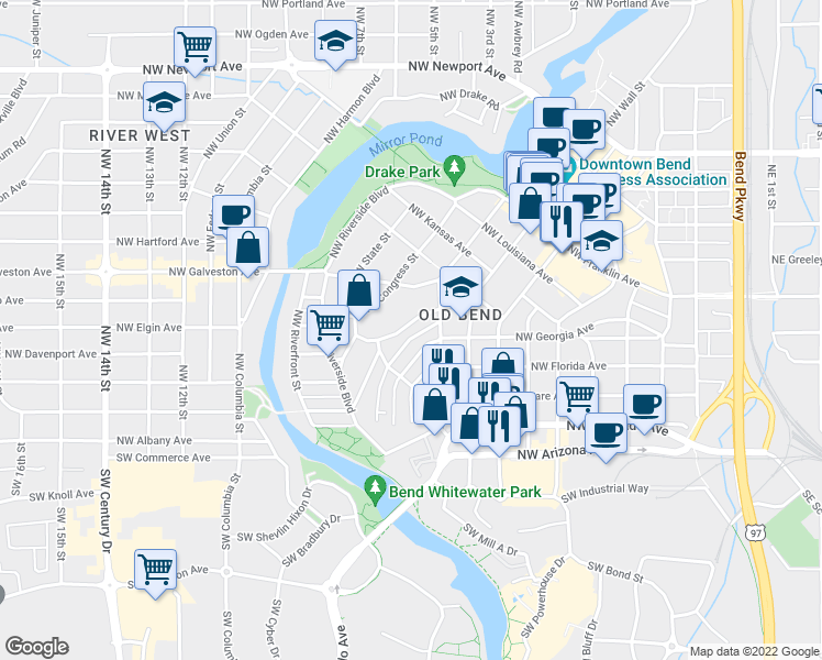 map of restaurants, bars, coffee shops, grocery stores, and more near 204 Northwest Saint Helens Place in Bend