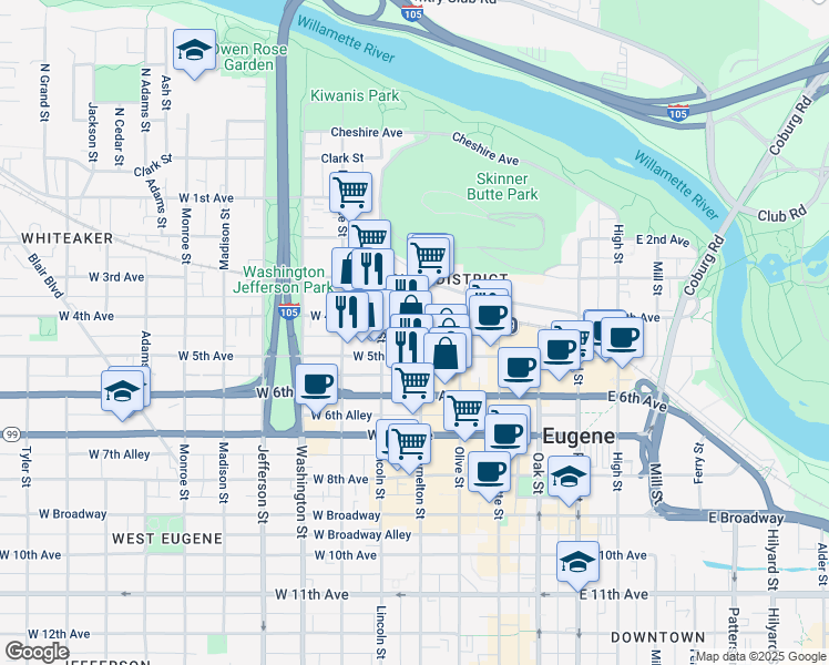 map of restaurants, bars, coffee shops, grocery stores, and more near 438 Charnelton Street in Eugene