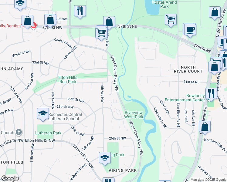 map of restaurants, bars, coffee shops, grocery stores, and more near 3054 Venice Lane Northwest in Rochester