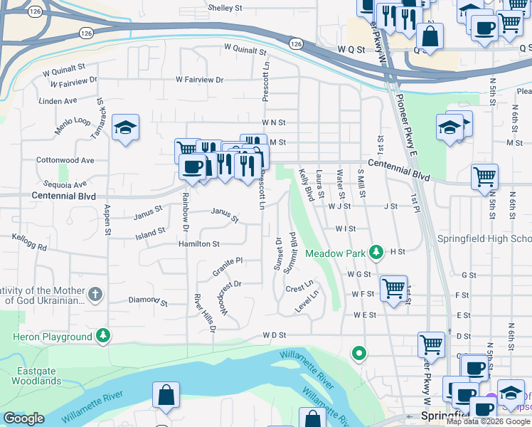 map of restaurants, bars, coffee shops, grocery stores, and more near 985 Prescott Lane in Springfield
