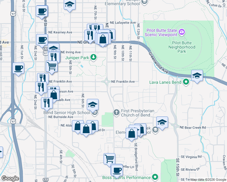 map of restaurants, bars, coffee shops, grocery stores, and more near 438 Northeast 9th Street in Bend