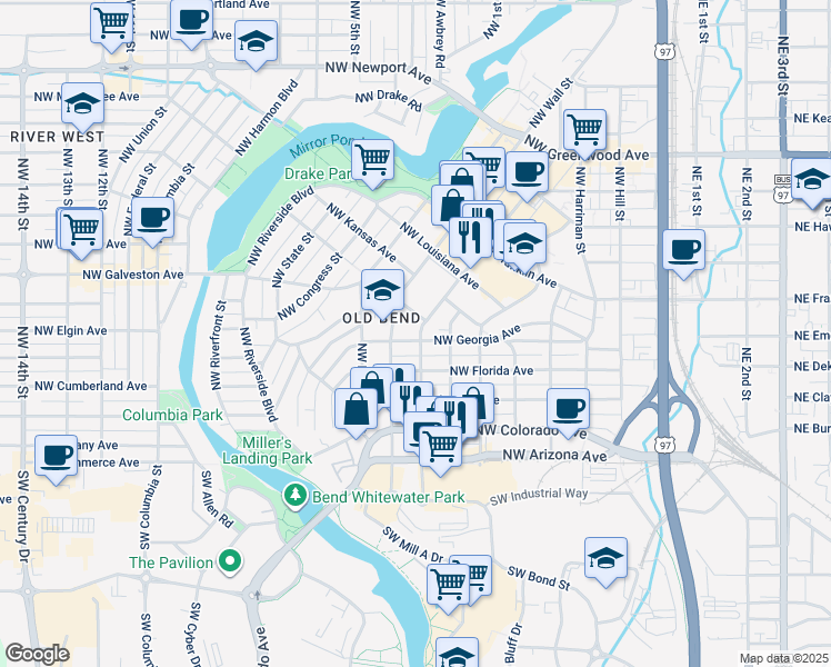 map of restaurants, bars, coffee shops, grocery stores, and more near 720 Northwest Georgia Avenue in Bend