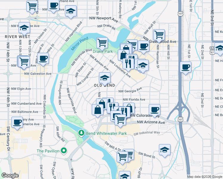 map of restaurants, bars, coffee shops, grocery stores, and more near 720 Northwest Georgia Avenue in Bend