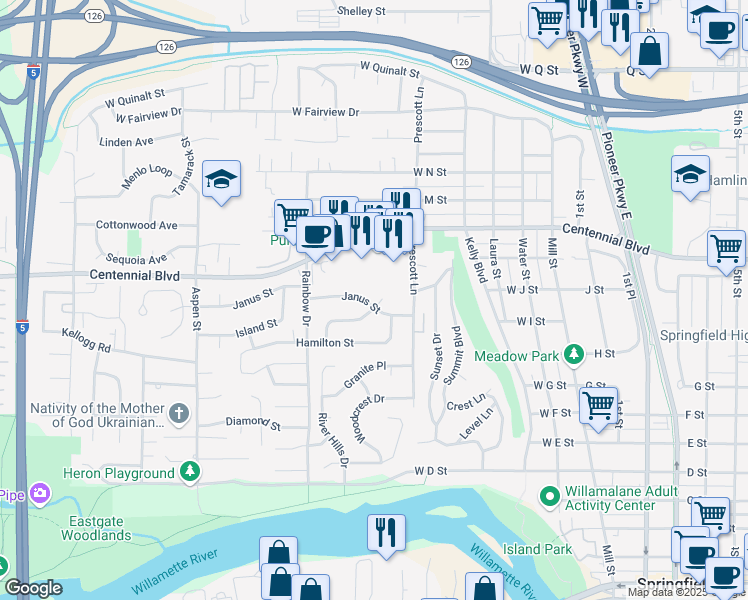 map of restaurants, bars, coffee shops, grocery stores, and more near 546 Janus Street in Springfield