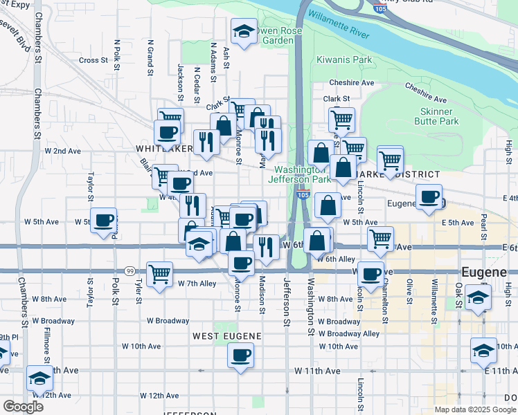 map of restaurants, bars, coffee shops, grocery stores, and more near 14 West 4th Alley in Eugene