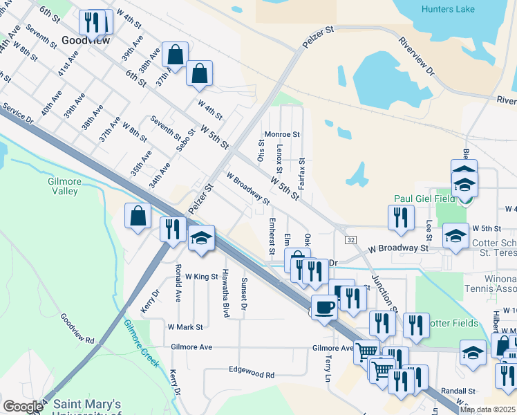 map of restaurants, bars, coffee shops, grocery stores, and more near 1715 West Broadway Street in Winona