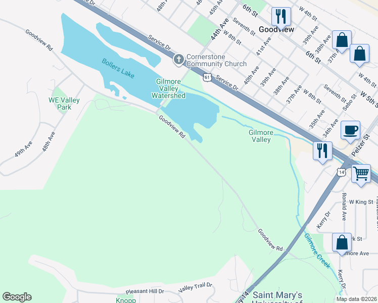 map of restaurants, bars, coffee shops, grocery stores, and more near 2331 Old Goodview Road in Winona