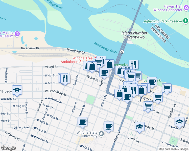 map of restaurants, bars, coffee shops, grocery stores, and more near 121 Huff Street in Winona