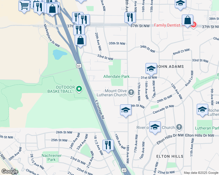 map of restaurants, bars, coffee shops, grocery stores, and more near 1976 29th Place Northwest in Rochester